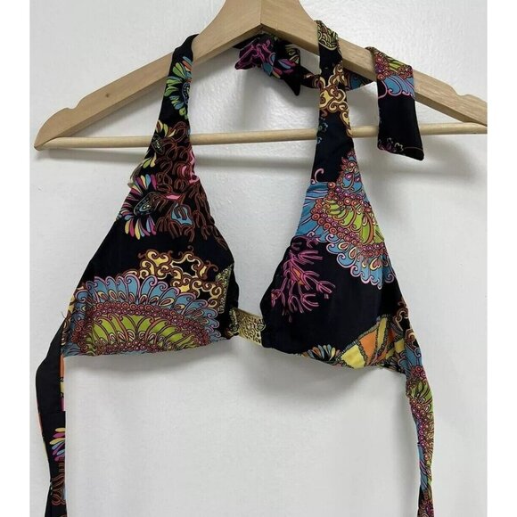 Trina Turk Black Hobo Gold Metal Detail Halter Swimwear Bikini Top Size 10 - Picture 1 of 4